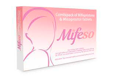 The image displays Mifeso, a combi-pack of Mifepristone and Misoprostol tablets, as available in Cameroon. 