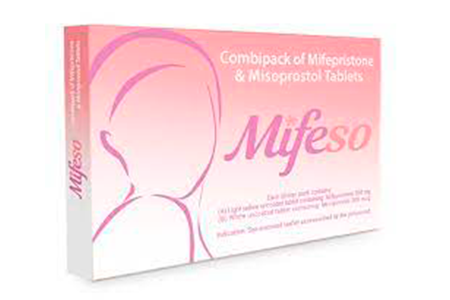 The image displays Mifeso, a combi-pack of Mifepristone and Misoprostol tablets, as available in Cameroon.