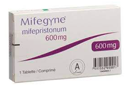 This photograph captures the Mifegyne Mifepristonum 600 mg packaging, with labeling in French appropriate for distribution in Mali.