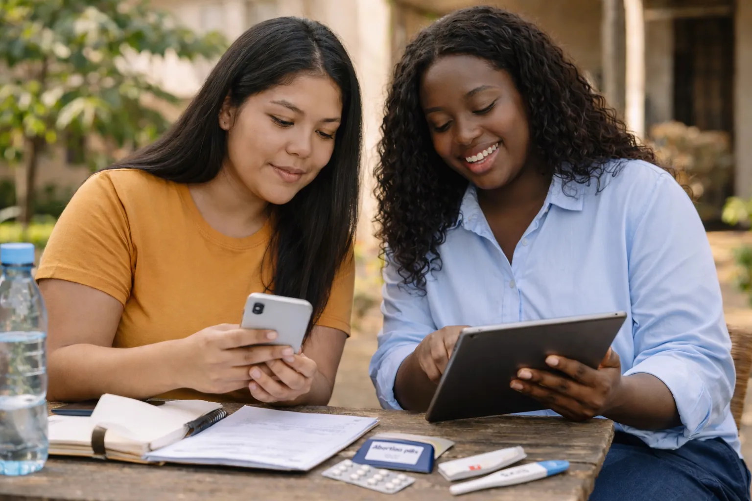 Dos mujeres sentadas al aire libre revisando información en un smartphone y una tablet, representando el acceso a recursos digitales para la atención del aborto.