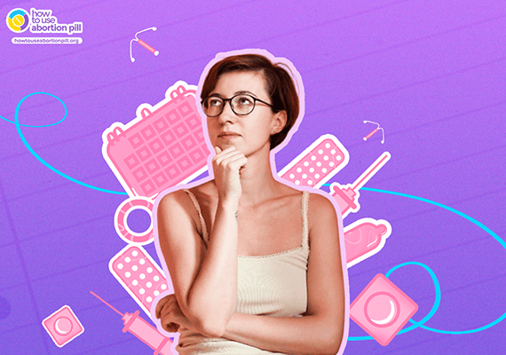 A thoughtful woman surrounded by illustrated contraception methods like condoms, pills, IUDs, and injection on a purple background
