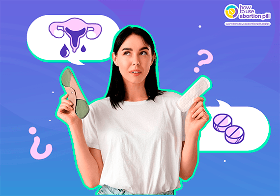 Mulher lendo um guia sobre aborto com pílulas; balões com um útero com gotas de sangue e dois comprimidos, dúvidas frequentes sobre sangramento e misoprostol.
