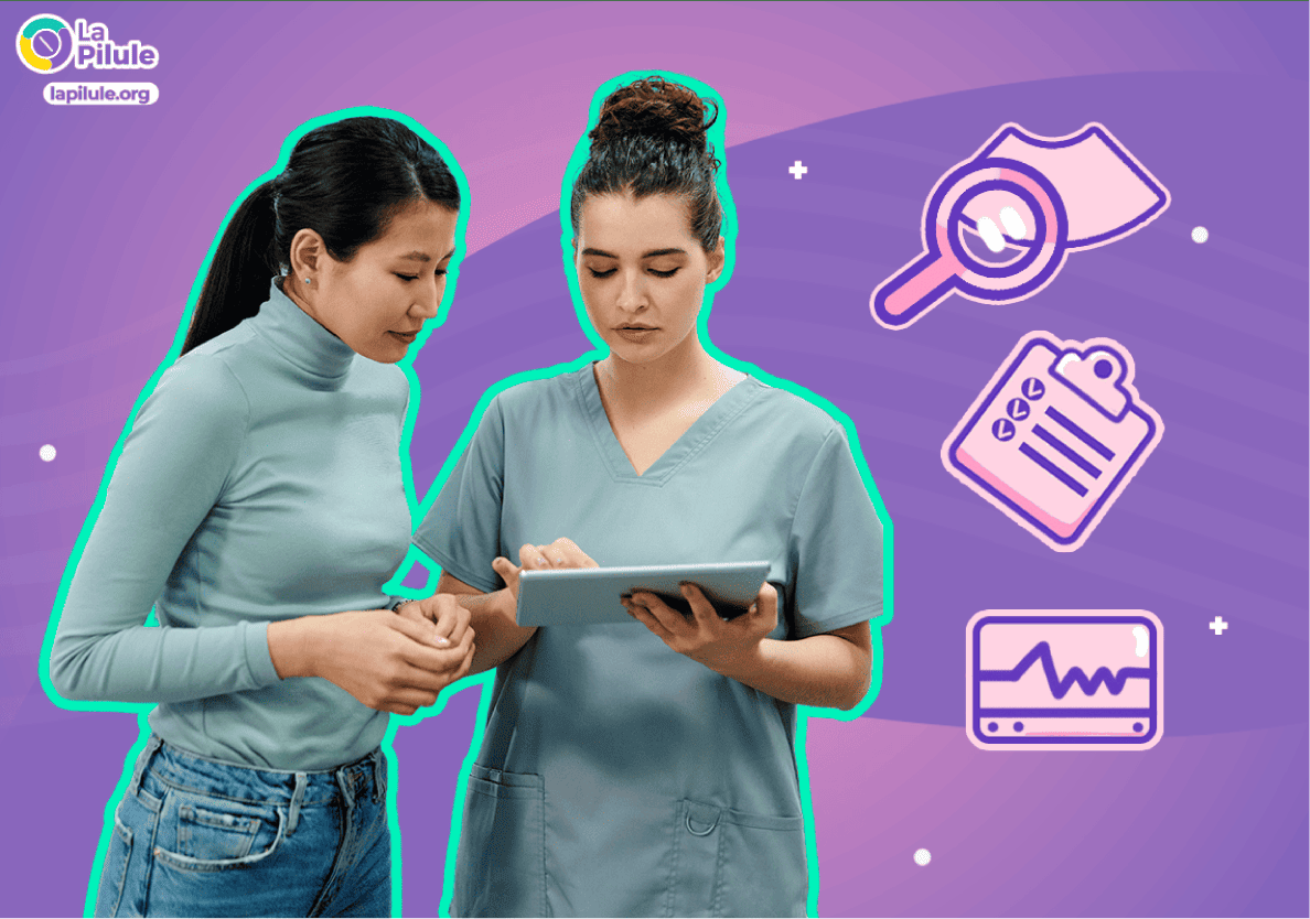 Un professionnel de santé montrant à une patiente comment confirmer si un avortement a réussi grâce à des méthodes médicales