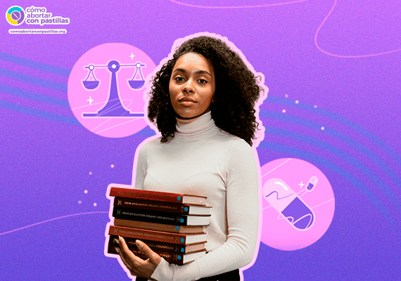 Una joven segura de sí misma sostiene libros de leyes y medicina sobre un fondo púrpura con símbolos de justicia y pastillas abortivas, representando el aborto autogestionado y el derecho a la salud.