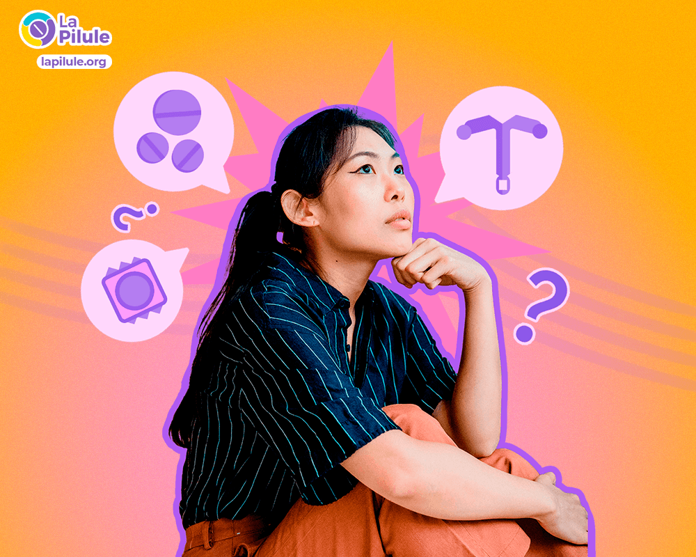Jeune femme pensive entourée d’icônes de contraception : pilules, préservatif, stérilet et points d’interrogation, illustrant les mythes autour de la contraception