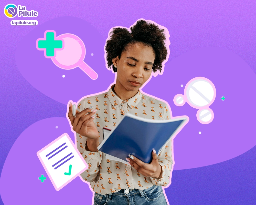 Femme lisant un document médical sur l'accès au misoprostol, avec des icônes représentant des pilules, des ordonnances et des contrôles de santé sur un fond violet