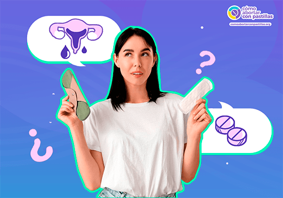 Mujer leyendo una guía sobre aborto con pastillas; globos con un útero con gotas de sangre y dos tabletas, dudas frecuentes sobre sangrado y misoprostol.