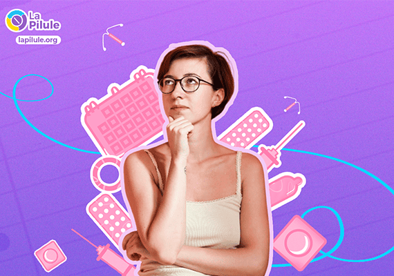 Femme pensive entourée d’illustrations de méthodes contraceptives comme des préservatifs, des pilules, des DIU et une injection sur un fond violet