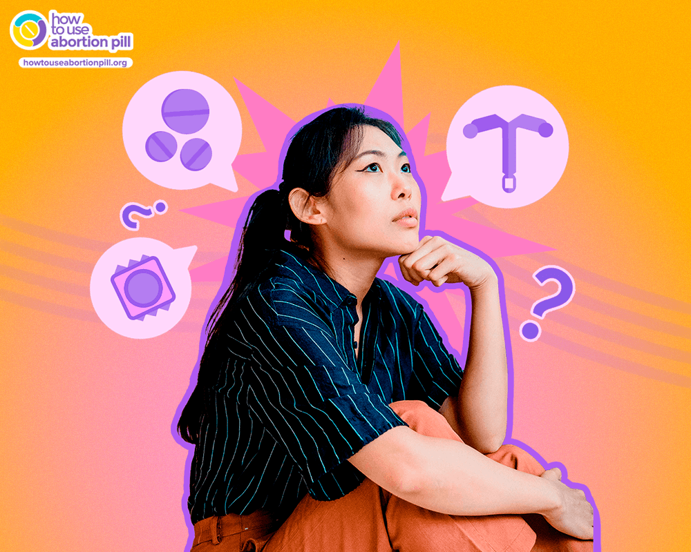 houghtful young woman surrounded by contraception icons: pills, condom, IUD, and question marks, illustrating common myths about contraception