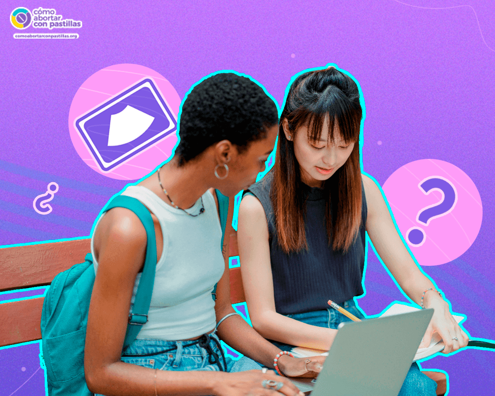 Dos jóvenes sentadas en un banco, mirando una computadora portátil y un cuaderno, hablando sobre salud reproductiva, con íconos coloridos